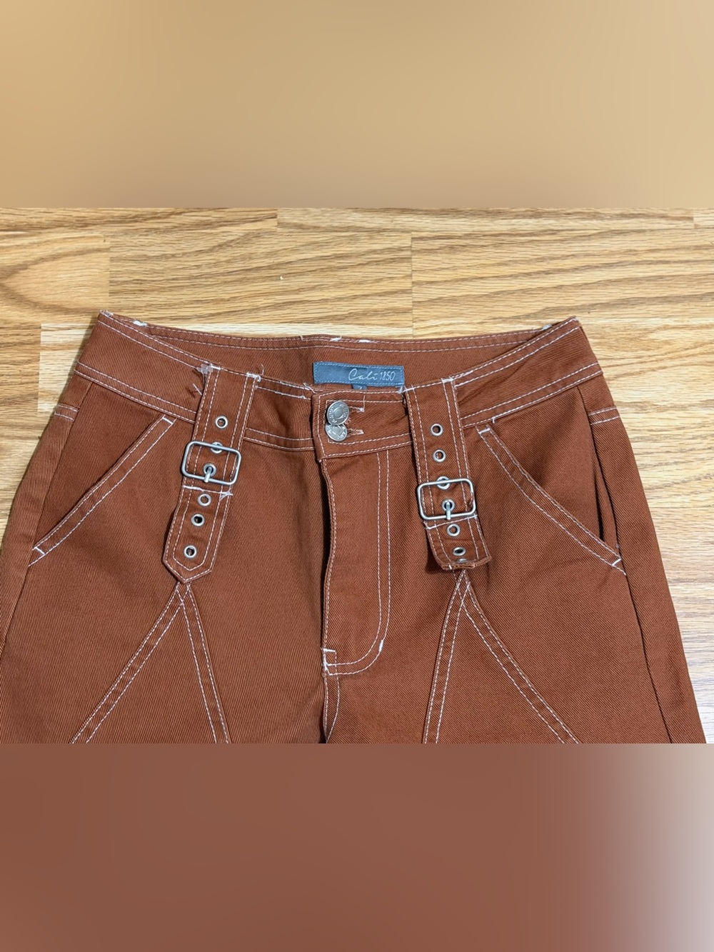Cali 1850 Women’s Brown Contrast Stitch Buckle Pants Size 3 Y2K Wide Leg - Picture 9 of 15